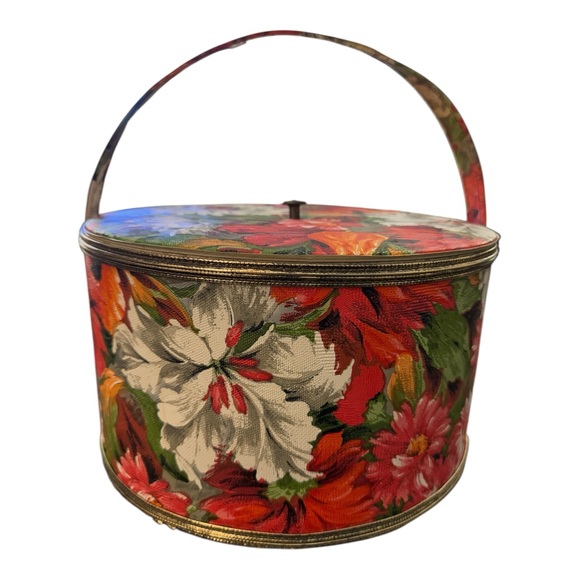 Vintage Floral Vinyl Hatbox Millinery Travel Case Cottagecore Storage Decor - Picture 4 of 10